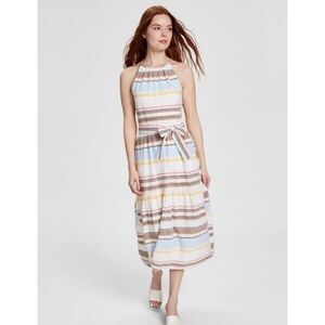 DKNY Womens Stripe Halter Sleeveless Lined Cotton Midi Dress Multicolor Size‎ 4